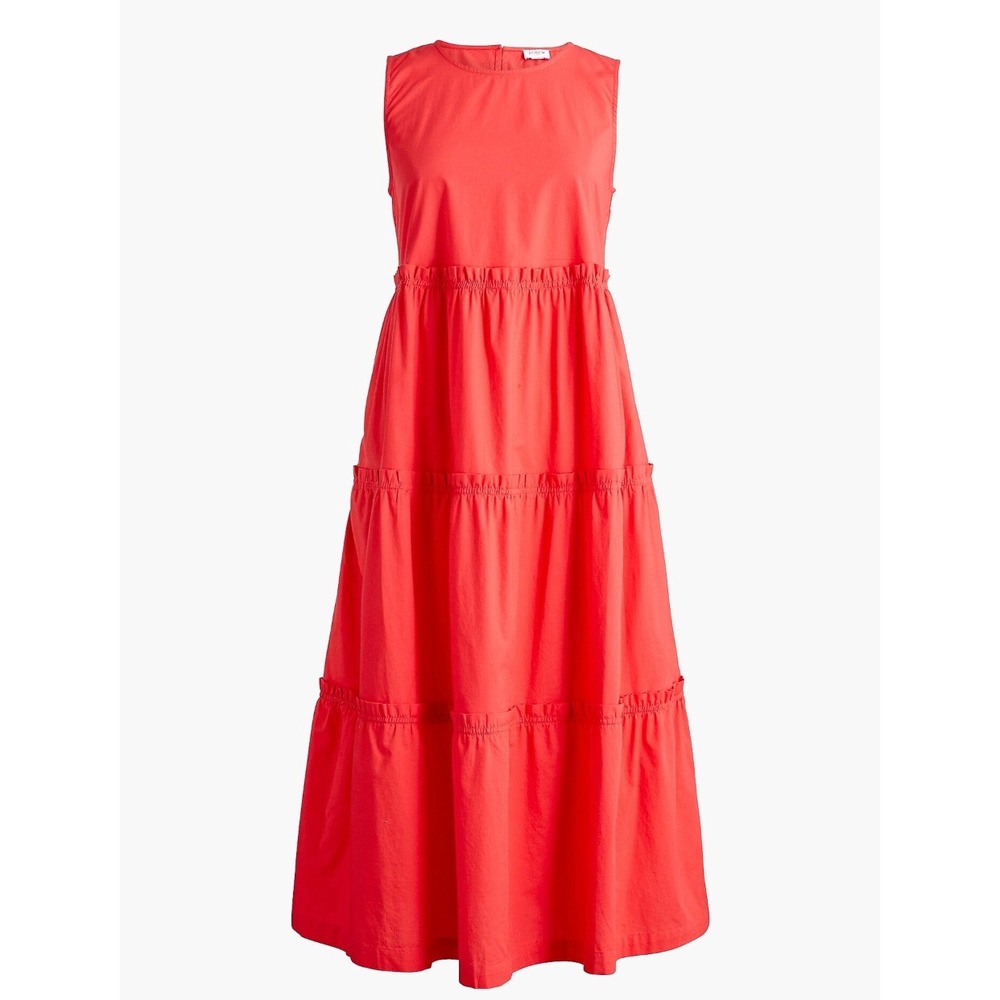 J.Crew Factory Sleeveless Tiered Midi Dress Womens 10 Red Cotton Poplin Ruffle